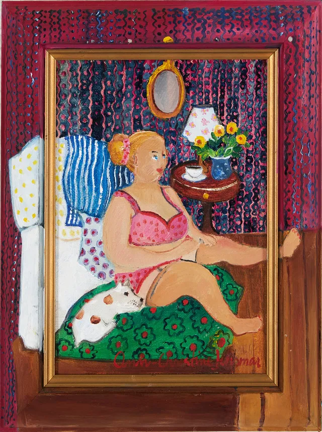 ANN-CHRISTINE JENSMAR (FÖDD 1954). Interiör med kvinna och hund, olja på duk, signerad.