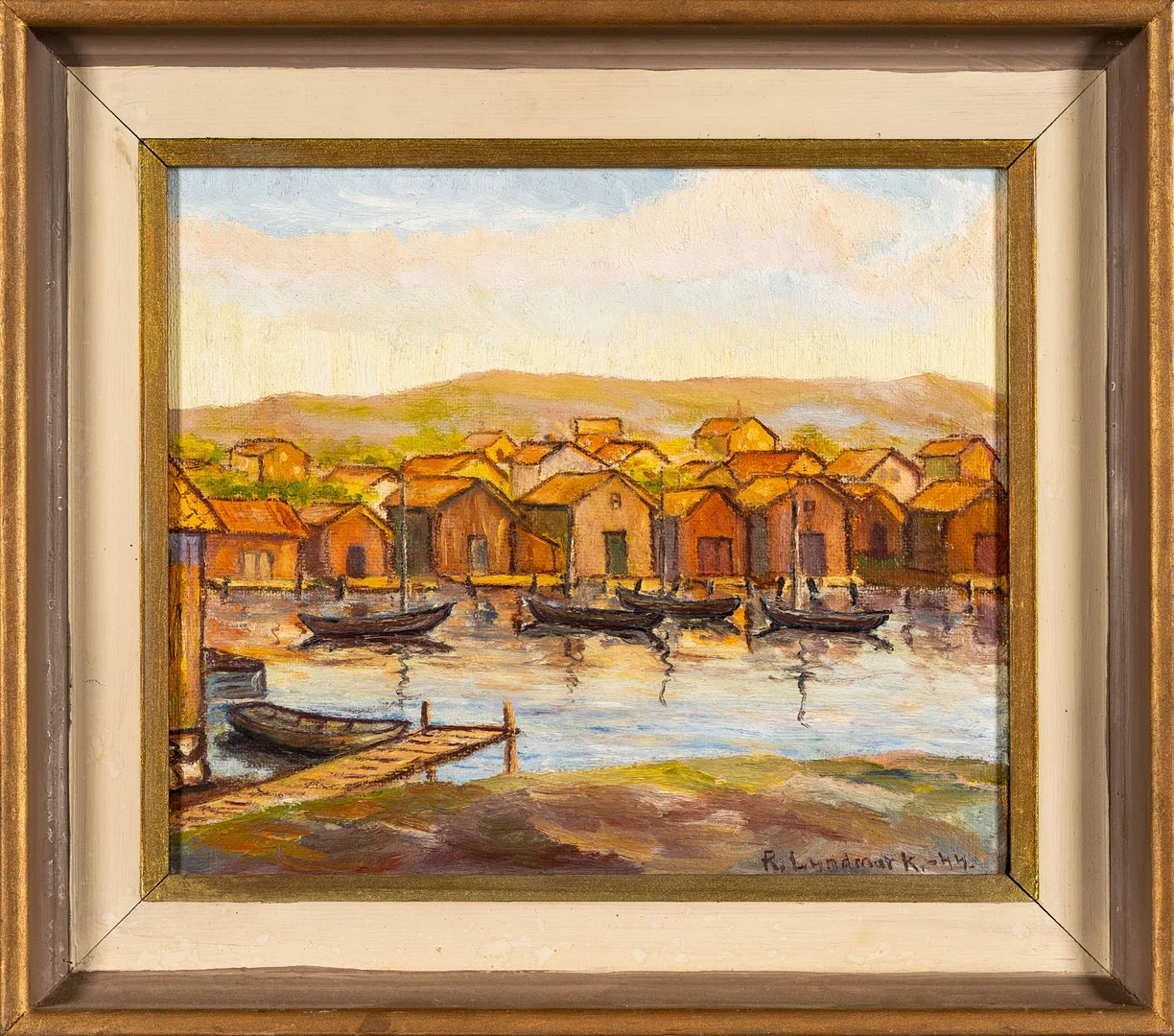 RUNE LUNDMARK. Olja på pannå, "Skärhamns Fiske Läge", Signerad. — Paintings — Norrlands Auktionsverk