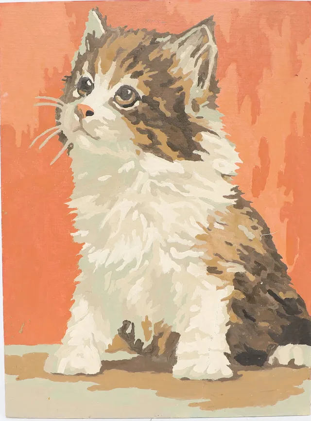 OKÄND KONSTNÄR. Motiv med katt, omkring 1900-talets mitt oljemålning på pannå, osignerad.