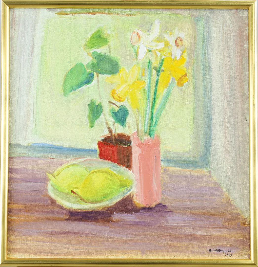 GILLIS MAGNUSSON. Olja på duk, stilleben, signarad samt daterad 1989. — Paintings — Stockholms Auktionsverk Helsingborg