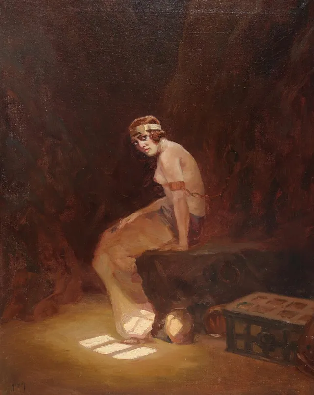 Portrait of a half naked woman in chains. Signed Hugo V. P. Oil on canvas. 89×70 cm.