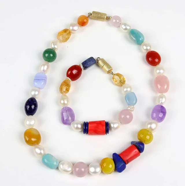 Naturstein Perl Collier und Armband, Silber 925.