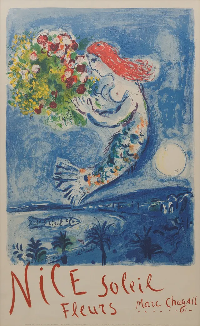 MARC CHAGALL. EFTER. Affisch, Nice, Soleil Fleurs, litogafiskt tryck, signerad i tryck.