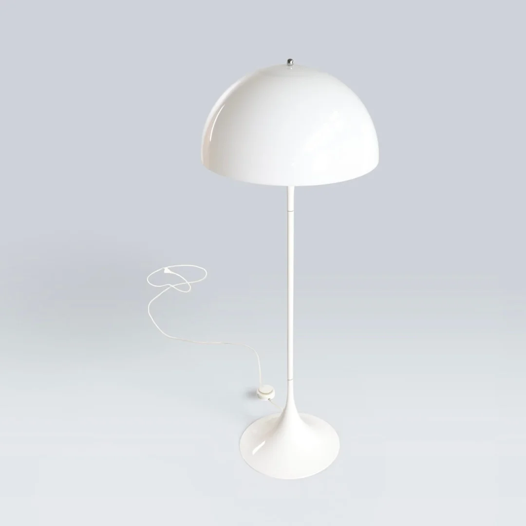 VERNER PANTON. “Pantella”, standerlampe af hvidlakeret metal med skærm af hvid akryl. Formgivet 1971. Udført hos Louis Poulsen. — Floor lights — Woxholt Auktioner