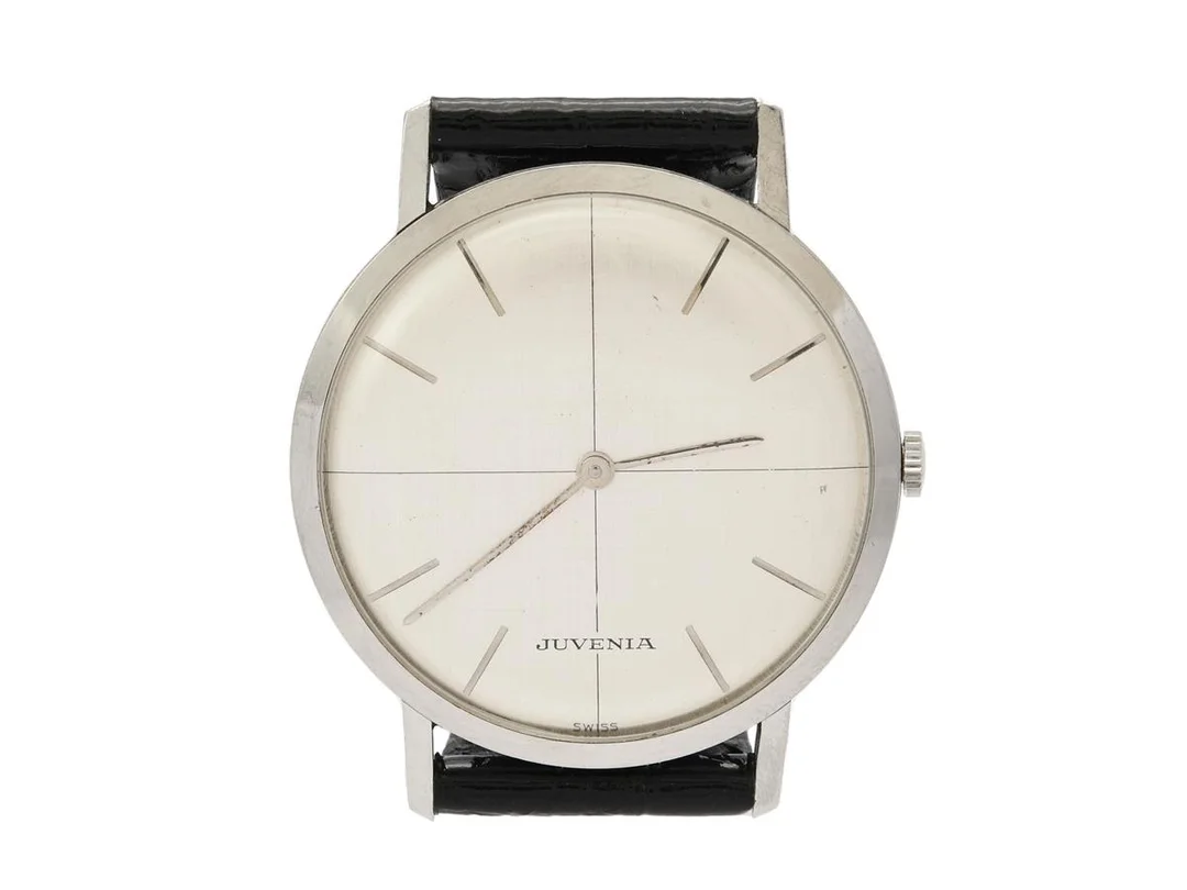 JUVENIA, herrur, 33,5 mm, Cal 604, Boett nr. 484331, stål, manuell, plexiglas, läderband, ca 1965. — Klockor/Juvenia — Kaplans