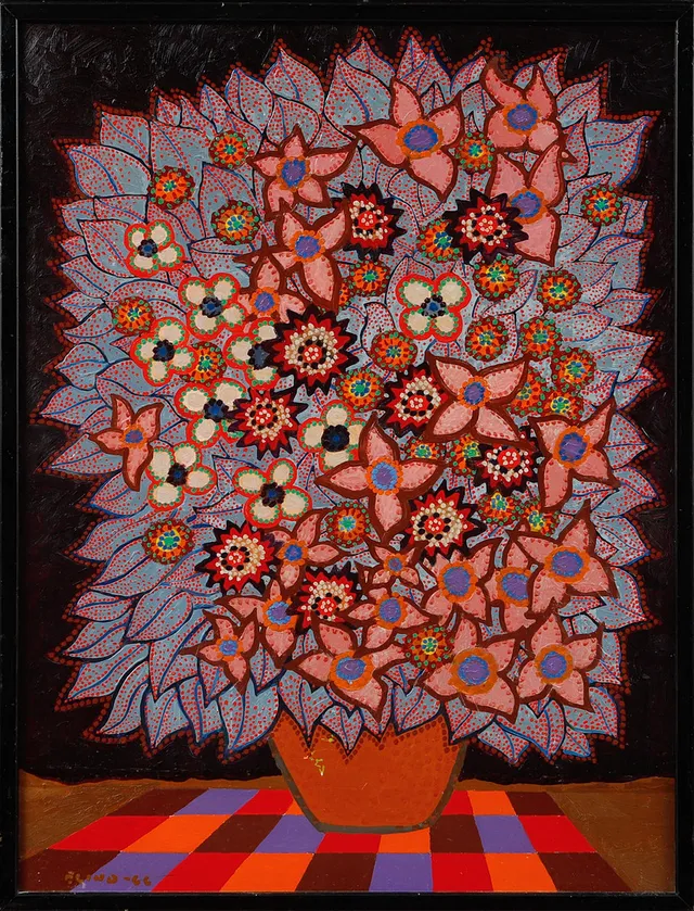 FOLKE LIND. "Blommor", olja på pannå, signerad och daterad -66.
