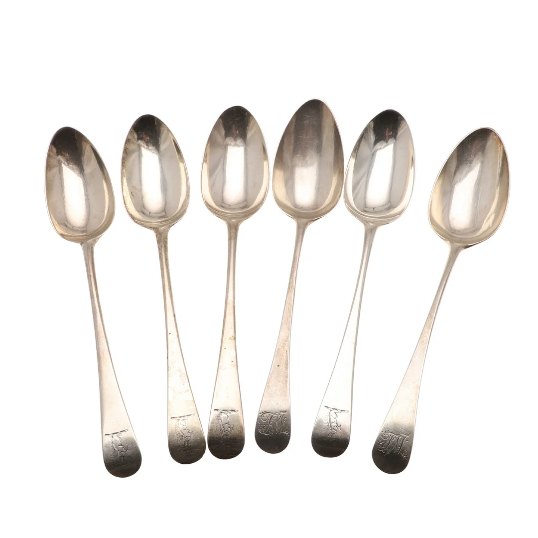 SIX GEORGE III SILVER OLD ENGLISH PATTERN TABLE SPOONS. — Silver — Lawrences Auctioneers