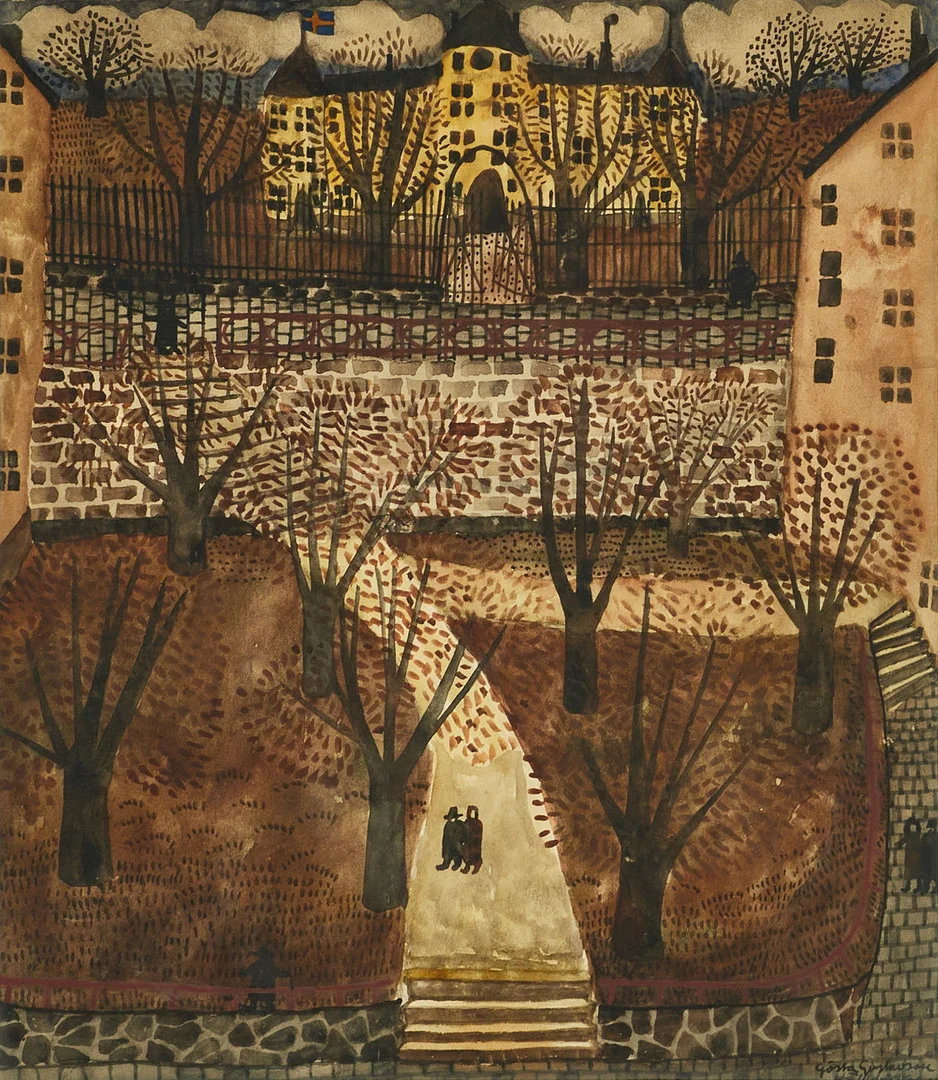 GÖSTA GUSTAVSON (1931-2008), Vy mot Wicanders korkfabrik, Brännkyrkagatan, signerad, akvarell. — Paintings — Crafoord Auktioner Stockholm