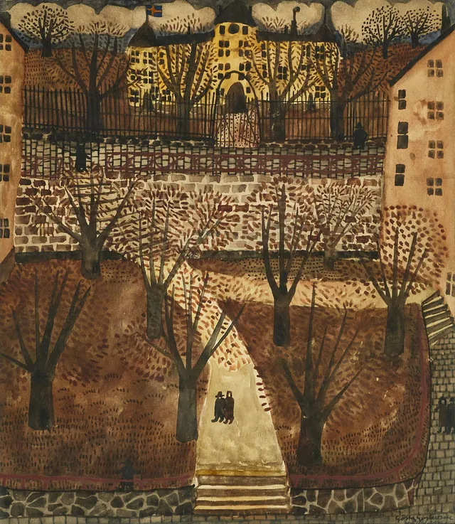 GÖSTA GUSTAVSON (1931-2008), Vy mot Wicanders korkfabrik, Brännkyrkagatan, signerad, akvarell.