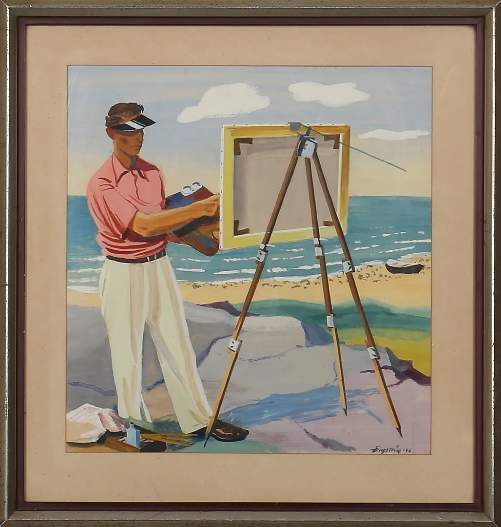 LARS ENGSTRÖM. Gouache. Konstnär vid sitt staffli. Signerad Engström. Daterad -46. — Paintings — Garpenhus Auktioner
