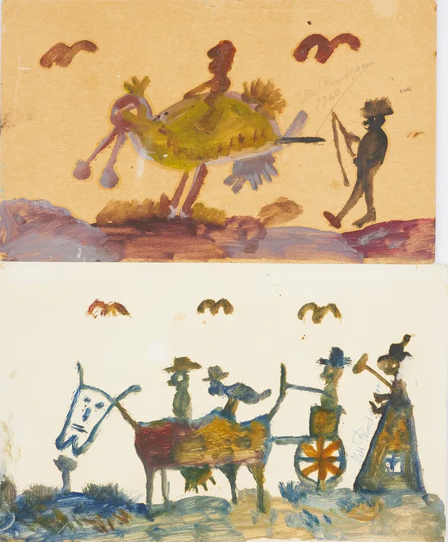 NILS BJÖRNJÄGARN RUNDGREN. 2 st, figurmotiv, gouache på papper, ena daterad 1960.
