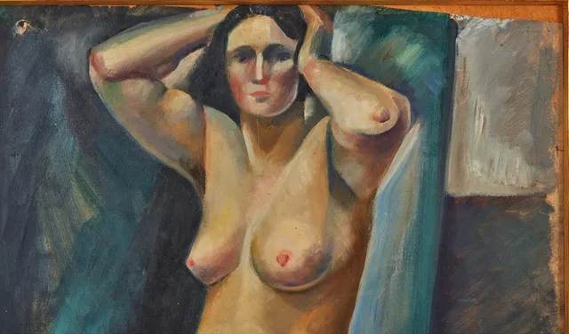 TYRA LUNDGREN. "Sittande Paris modell", olja på duk uppsatt på masonit, 62,5 x 52 cm.