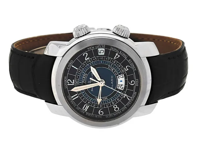 BAUME & MERCIER, Geneve, Capland GMT Alarm, Cal 2001, Serie nr. 4281840, Boett nr. 65322 / 735, herrur, 39 mm, stål, automatisk, safirglas, datum, alarm, världstider, glasbaksida, läderband, viklås, ca 2005.