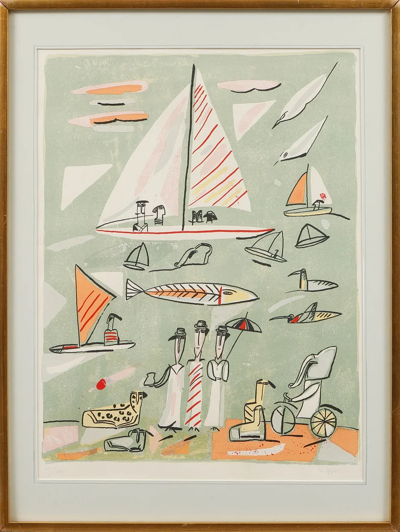 MADELEINE PYK. Komposition med figurer och segelbåtar, färglitografi, signerad och numrerad 119/290. — Engravings & Prints — Göteborgs Auktionsverk