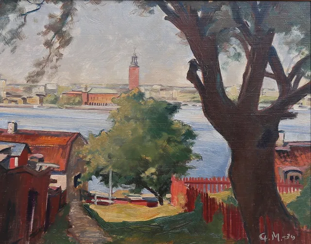 GUNNAR MOSSBERG. Stockholm, olja på pannå, signerad, daterad - 39.