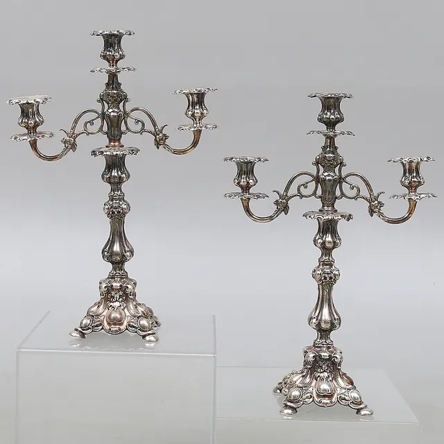 KANDELABRAR, ett par, nysilver, Barockstil, 1900-talets första hälft.