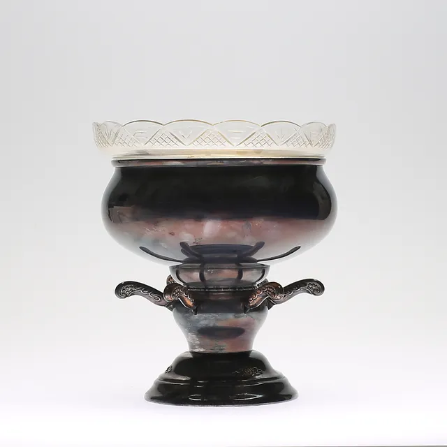 FRUKTSKÅL, med fruktknivar, nysilver/glas, 1900-talets början.