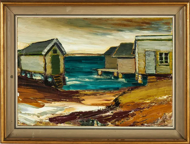 GUNNAR LÖBERG. Motiv med fiskebodar, olja på duk.