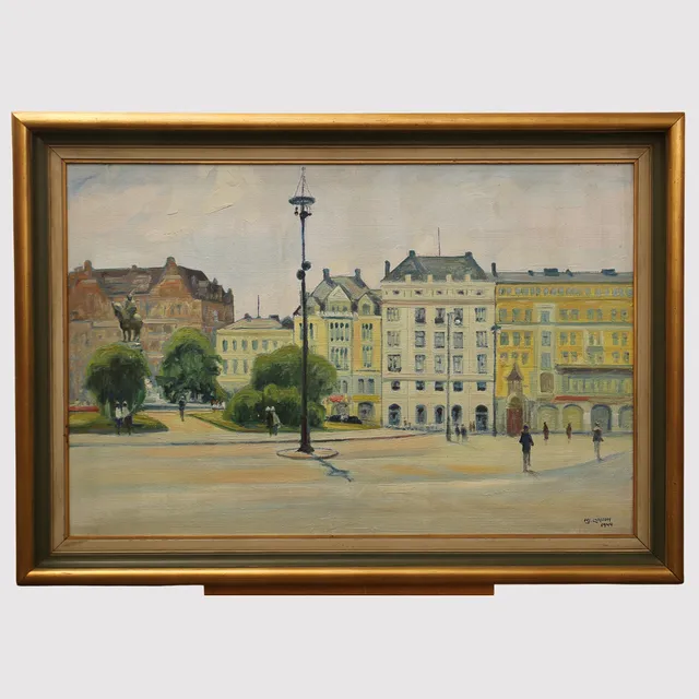 HJALMAR LARSSON. Olja på pannå, utsikt över Stortorget i Malmö, signerad, daterad 1944.