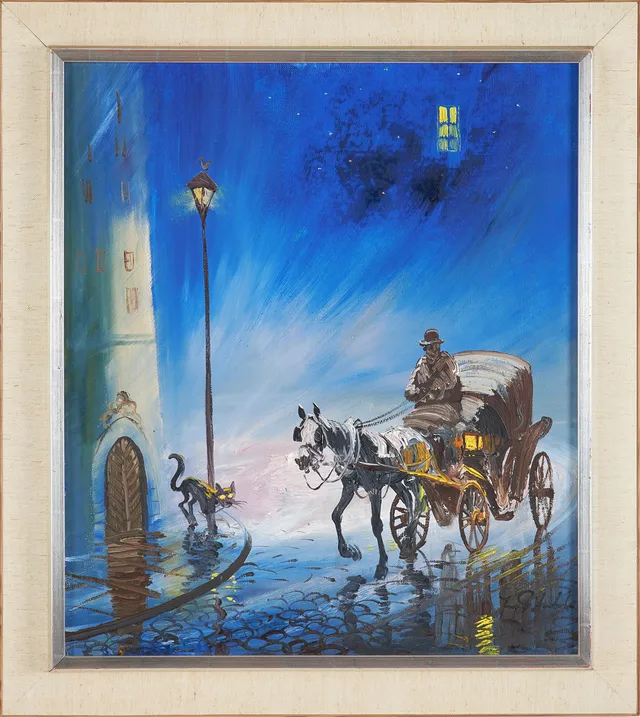 JERZY POTRZEBOWSKI (1921-1974). Droska, olja på duk, signerad, Polen.