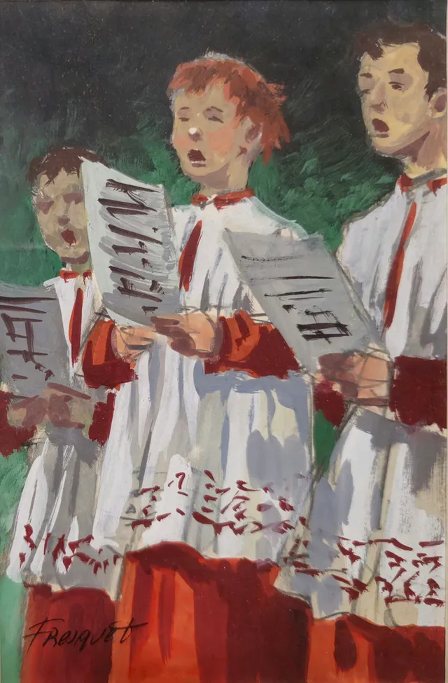 GUILLEM FRESQUET BARDINA. ESCOLANETS DE MONTSERRAT. ACUARELA SOBRE PAPEL.