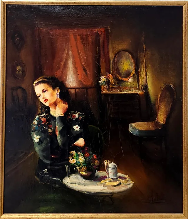 PALMERO HERNANDEZ. INTERIOR CON JOVEN. ÓLEO SOBRE LIENZO.