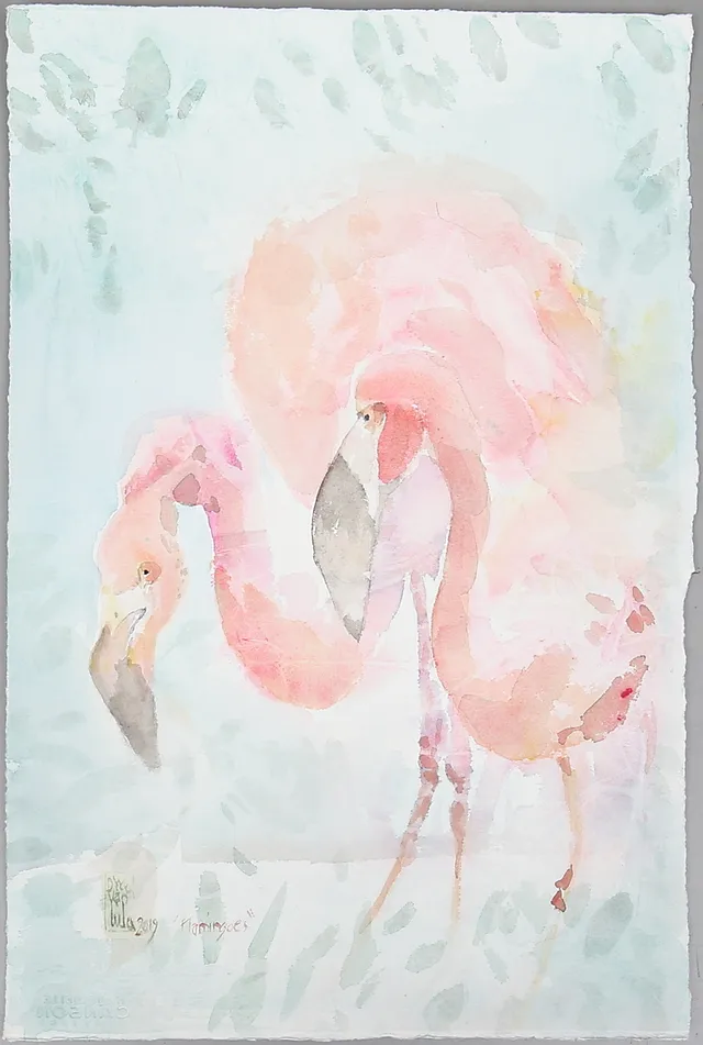 LEILA VAN DYKE. "Flamingoes", akvarell, signerad samt daterad 2019.