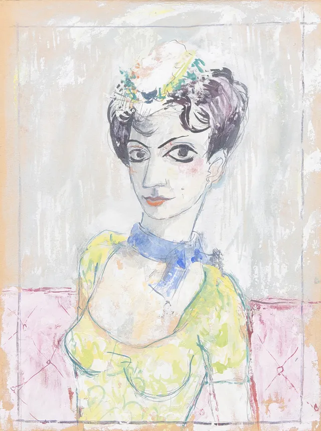 AXEL LUND (1919-1997). TILLSKRIVEN. Dam med hatt, gouache, 0signerad.