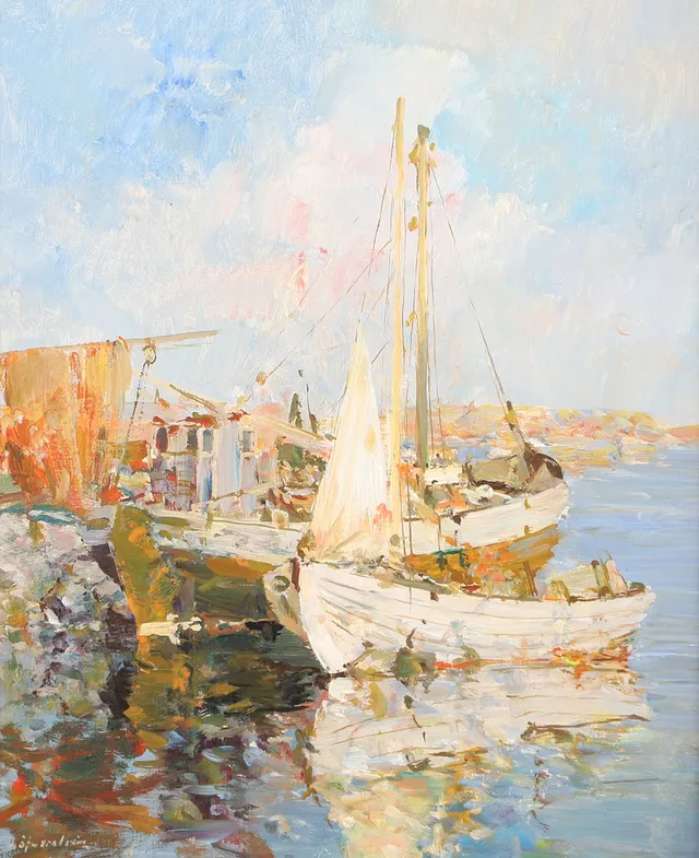 HUGO ÖFVERSTRÖM. Fiskebåtar, olja på pannå, signerad H. Öfverström.