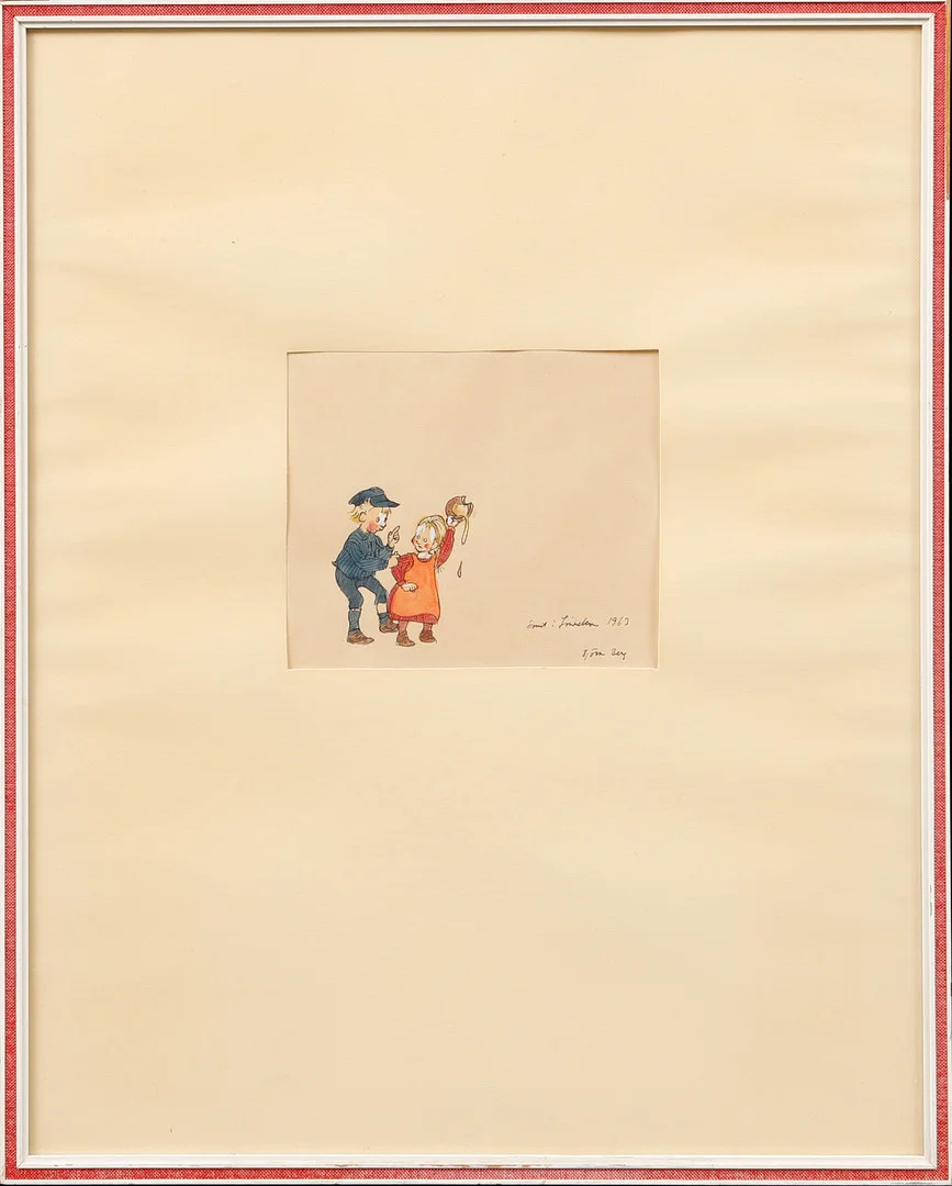 BJÖRN BERG. "Emil, Ida och sirapssmörgåsen" tusch och akvarell på papper, signerad och daterad 1963. — Drawings — Göteborgs Auktionsverk
