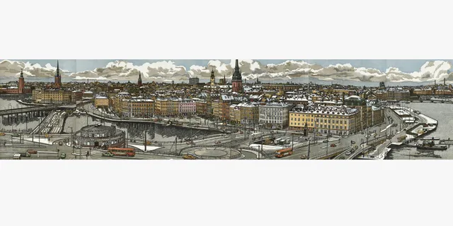 SVENOLOV EHRÉN (1927-2004), 6 st färglitografier, Stockholm, panoramavy över Slussen och Gamla Stan, signerad och daterad Svenolof Ehrén 80, numrerade 36/360, färglitografier.