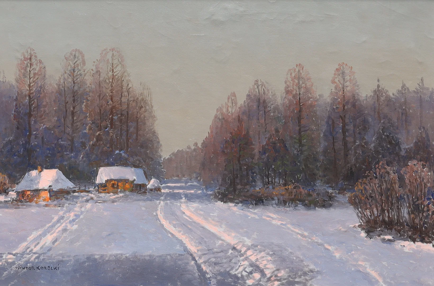WIKTOR KORECKI. Vinterlandskap med hus, olja på duk, signerad. — Paintings — Auktionsmagasinet Vänersborg
