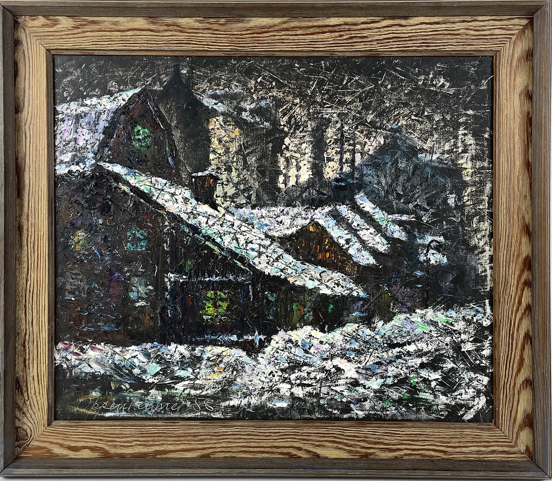 JOHNNY OPPENHEIMER. Olja på duk, hus i vinterskymning, signerad samt daterad 58. — Paintings — Roslagens Auktionsverk
