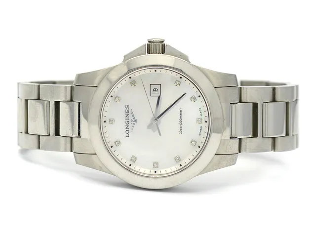Damur, Longines Conquest, ref. L3.277.4, quartz, pärlemorurtavla, diamantindex, box, ytterkartong