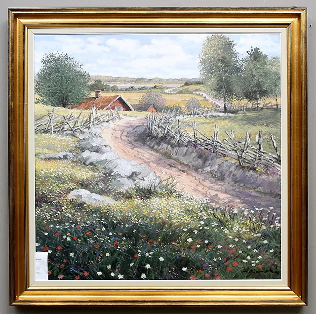ALEXANDER KUNICKI. Sommarlandskap med stenmurar och gärdesgårdar. Olja på duk. Signerad.