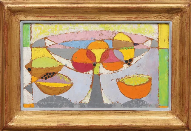 INGA HENSE (1919-1999). "Skål med frukter i motljus", olja på pannå, signerad och daterad -57.