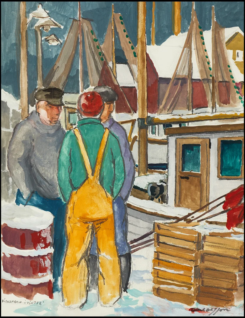 AXEL OLSSON (1919-2001), "Fiskehamn i vinter", signerad, blandteknik. — Paintings — Crafoord Auktioner Stockholm