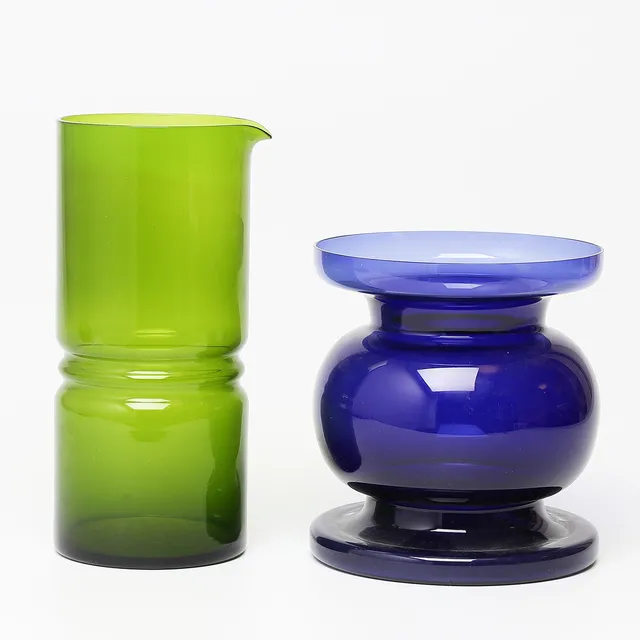 VAS OCH KARAFF, gönt och blått glas, 1960-tal.