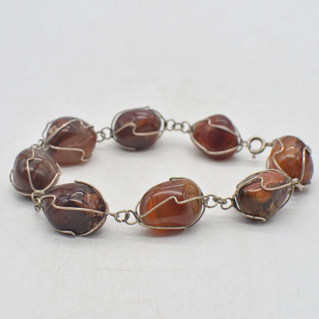 EDELSTEINARMBAND HESSONITE, FASSUNG AUS NEUSILBER, VINTAGE, CA. 24 CM. — Bracelets — Kunst- und Auktionshaus Kleinhenz
