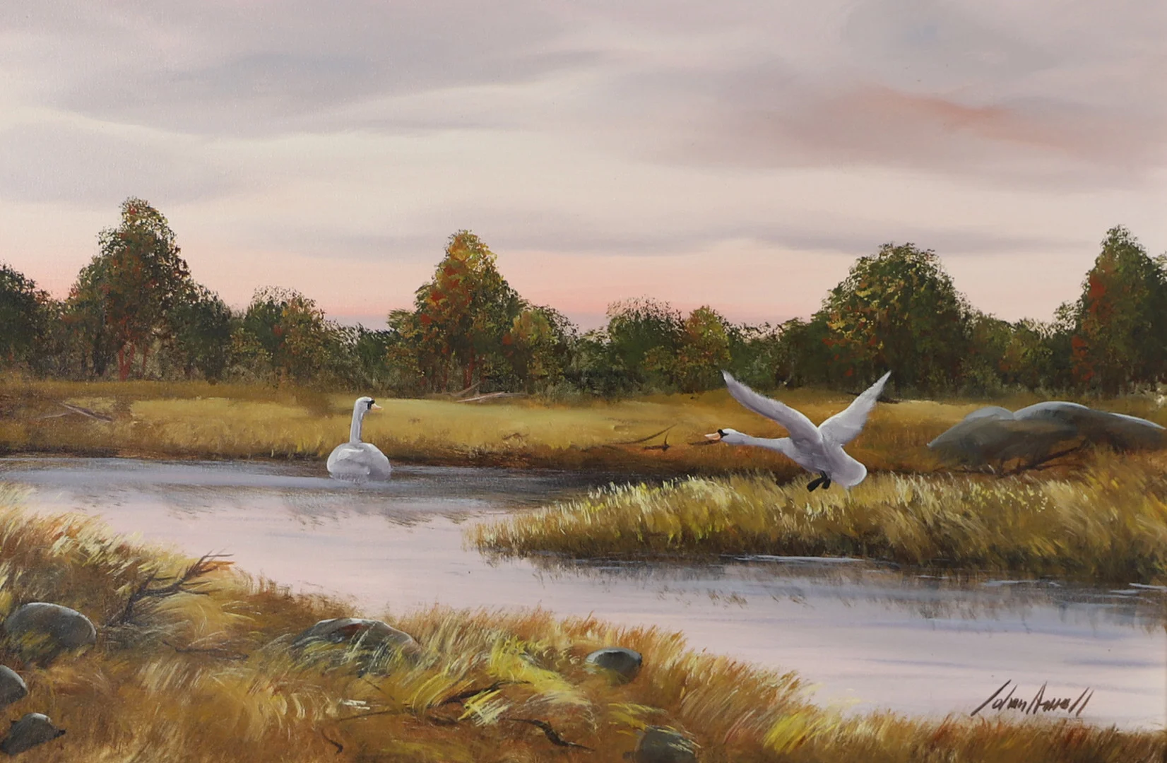 JOHAN ARVALL. Landskap med svanar, olja på duk, signerad. — Paintings — Helsingborgs Auktionskammare