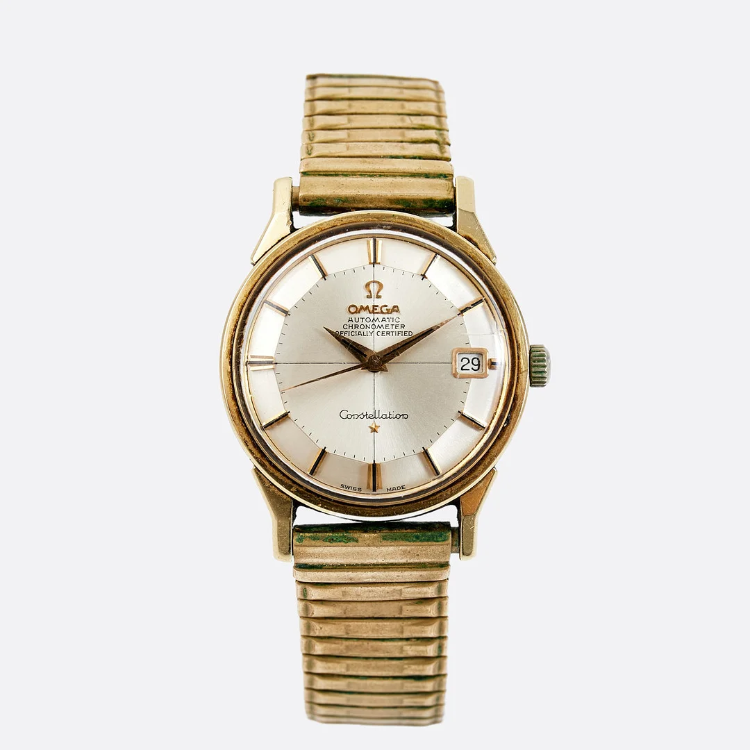 OMEGA, Constellation, "Pie-pan", Automatic Chronometer Officially Certified, (Swiss Made), armbandsur, 35 mm, guld på stål, ca 1966. — Wristwatches — Stockholms Auktionsverk Sickla