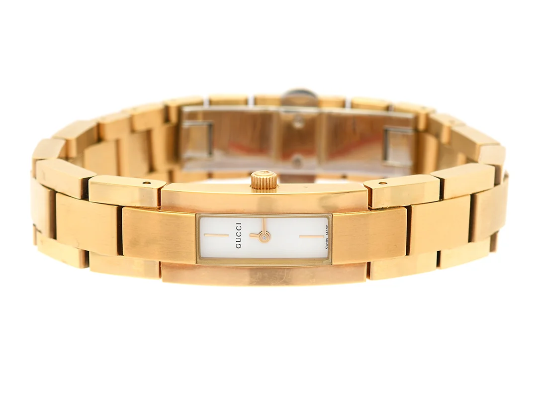 GUCCI, damur, 13 x 27,5 (38) mm, Serie nr. 0031610, Ref nr. 4600 L, Boett nr. 39980, doublé (20 micron), quartz, safirglas, integrerad originallänk, viklås, cert, juni 2001, box. — Klockor/Gucci — Kaplans