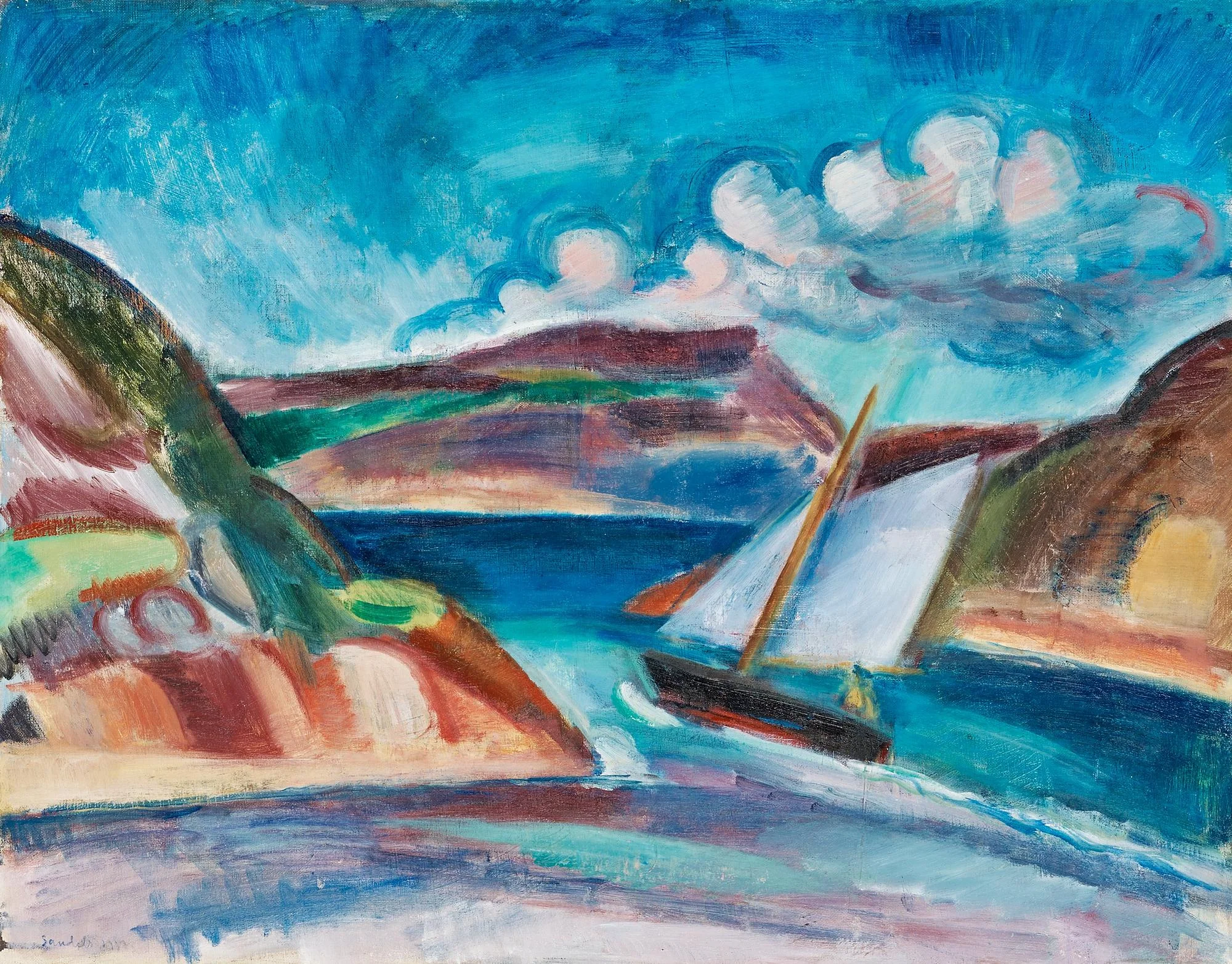 Gösta Sandels, "Landskap med segelbåt, Bohuslän". — Bukowskis