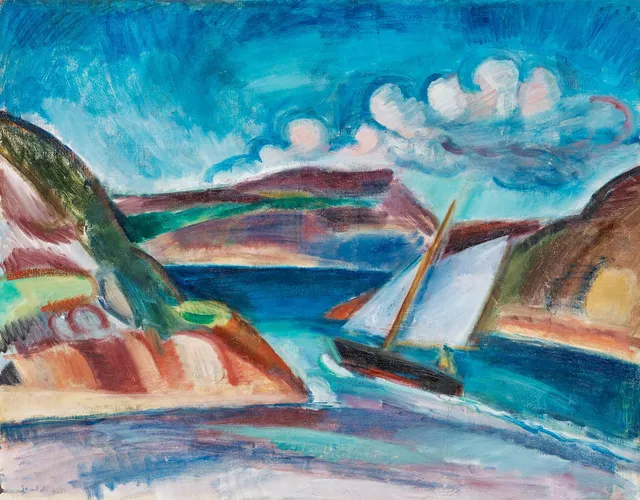 Gösta Sandels, "Landskap med segelbåt, Bohuslän".