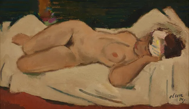 OVE OLSON (1903–1975). Liggande modell, signerad olson, daterad 54, olja på pannå.