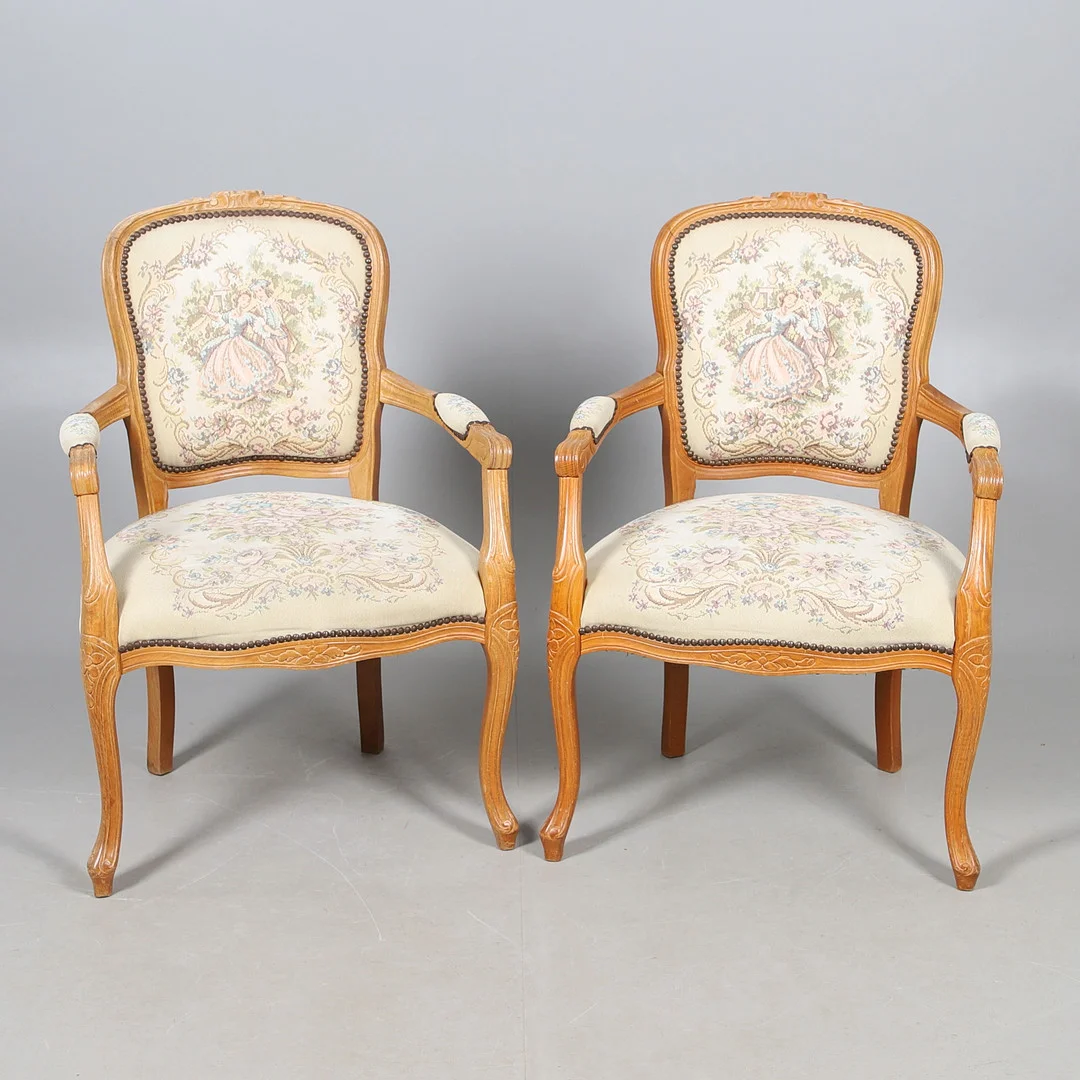 PAIR OF REPRODUCTION LOUIS XV STYLE OPEN ARMCHAIRS. — Armchairs & Chairs — Lawrences Auctioneers