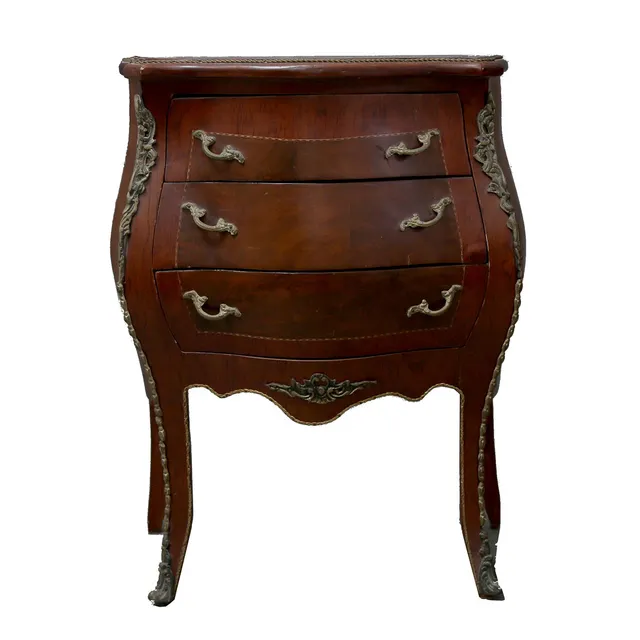Louis XV-style small chest of drawers in mahogany veneer and mahogany palm, 20th Century.