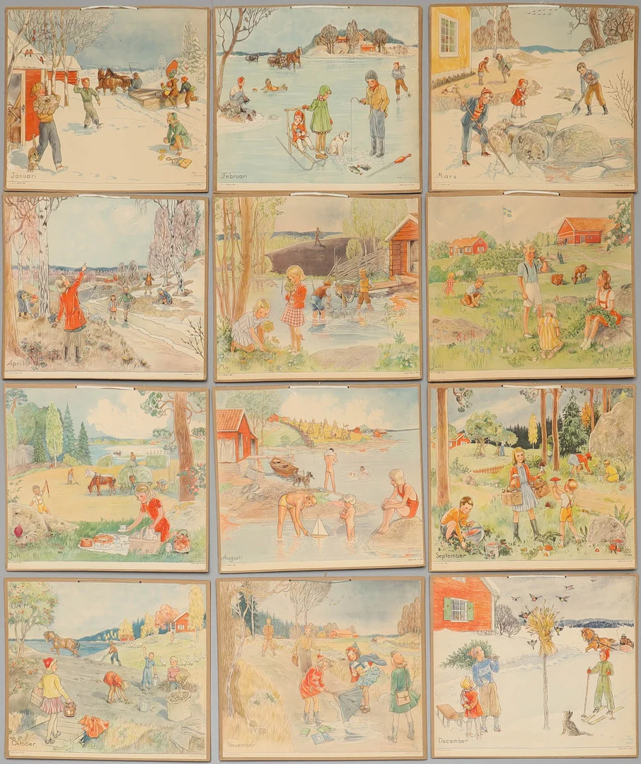 MAJ LINDMAN. Skolplanscher, Januari-December, 12 st, Norstedt & Söner. — Miscellaneous — Auktionsmagasinet Vänersborg