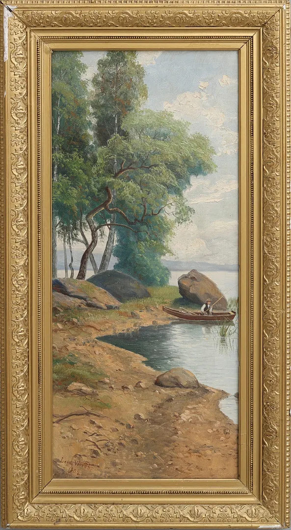 LEONARD WIEDH. LANDSKAPSMOTIV, OLJA PÅ DUK, SIGNERAD OCH DATERAD 1909.