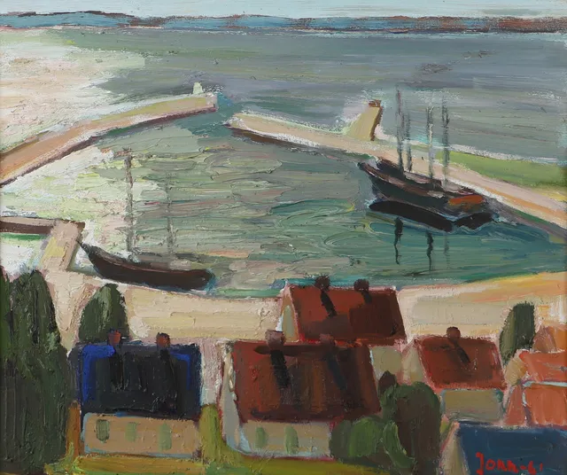 GUNNAR JONN. Hamnmotiv, olja på pannå, signerad Jonn -61.